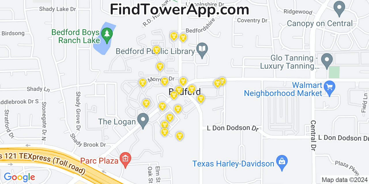 AT&T 4G/5G cell tower coverage map Bedford, Texas