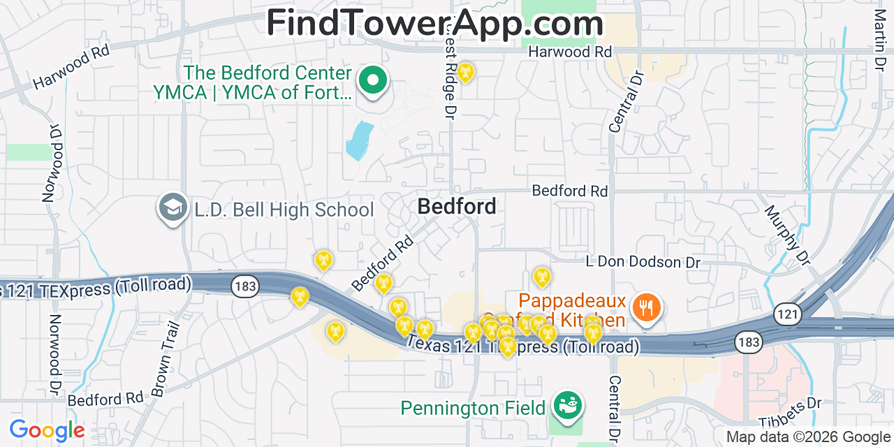 Map showing the 20 primary cell tower locations detected in Bedford, Texas from AT&T, Verizon, and T-Mobile networks