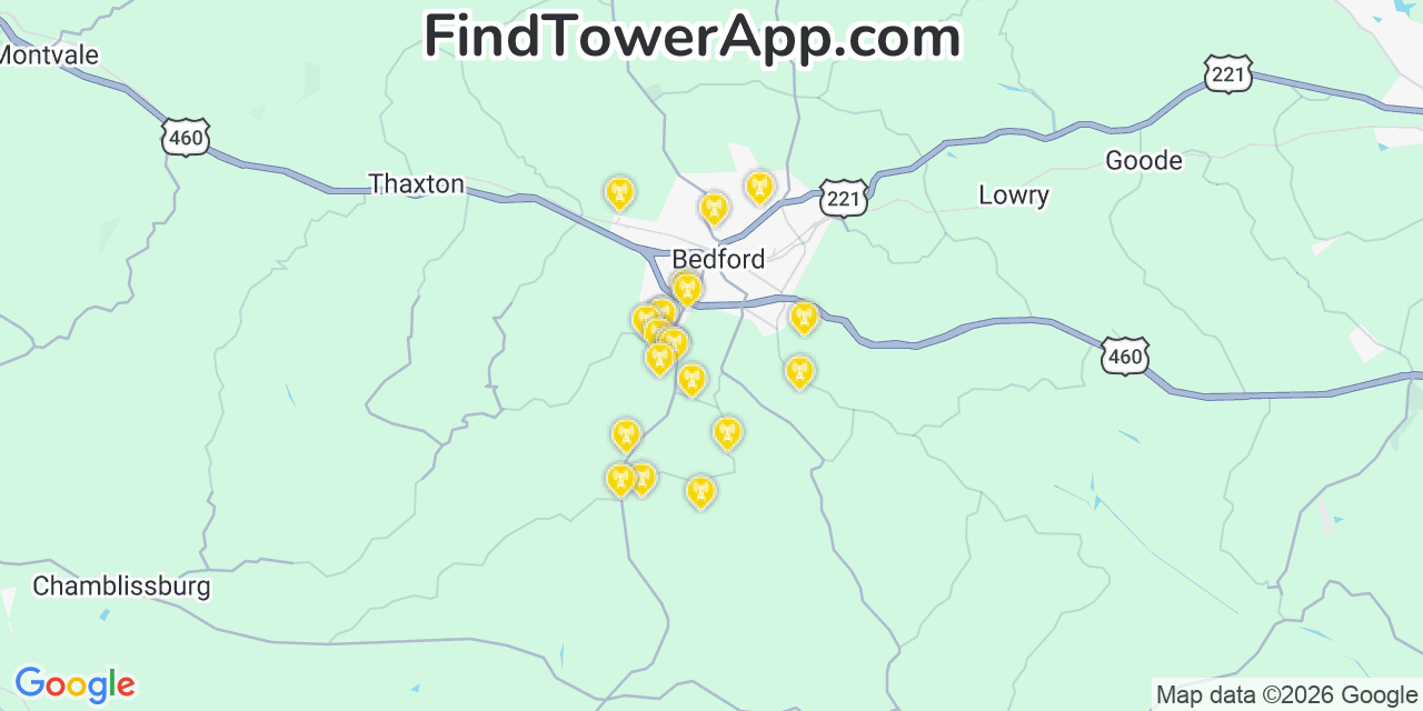 Map showing the 20 primary cell tower locations detected in Bedford, Virginia from AT&T, Verizon, and T-Mobile networks