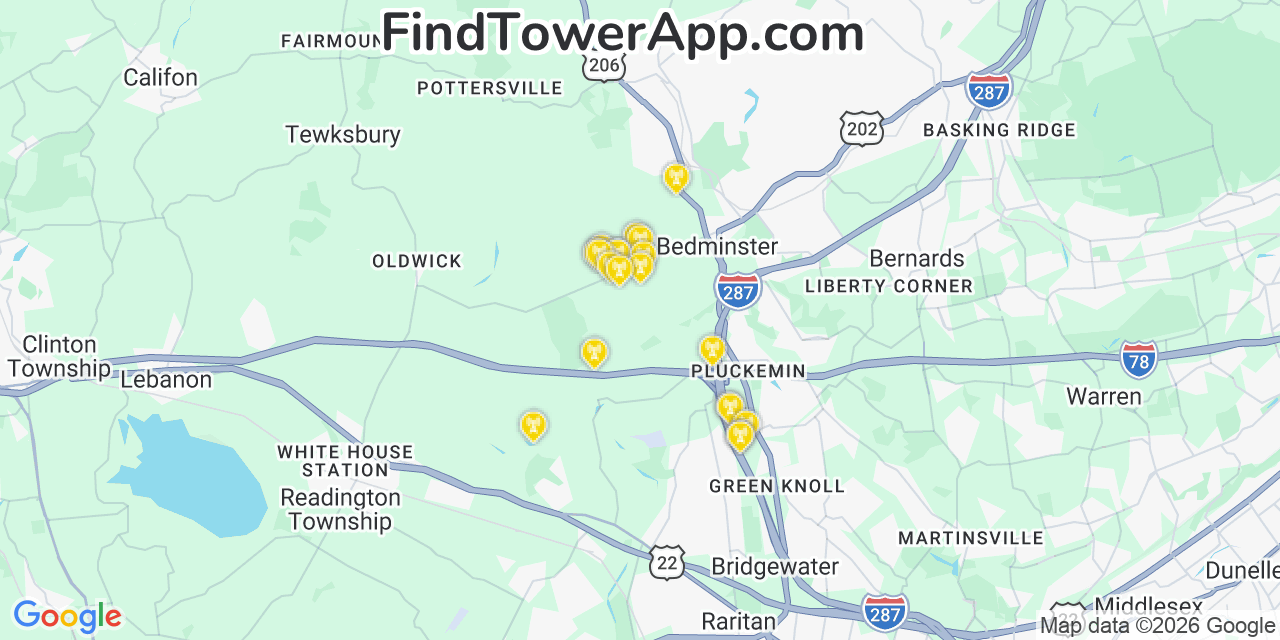 Map showing the 20 primary cell tower locations detected in Bedminster, New Jersey from AT&T, Verizon, and T-Mobile networks