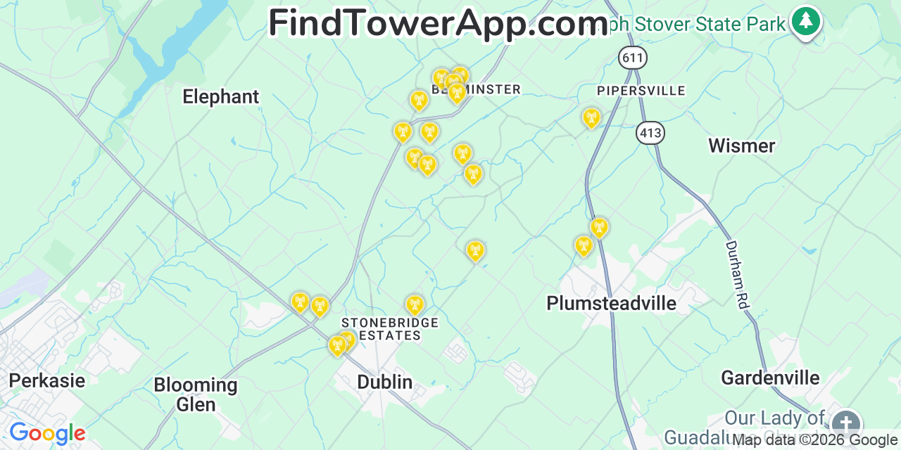 Map showing the 20 primary cell tower locations detected in Bedminster, Pennsylvania from AT&T, Verizon, and T-Mobile networks