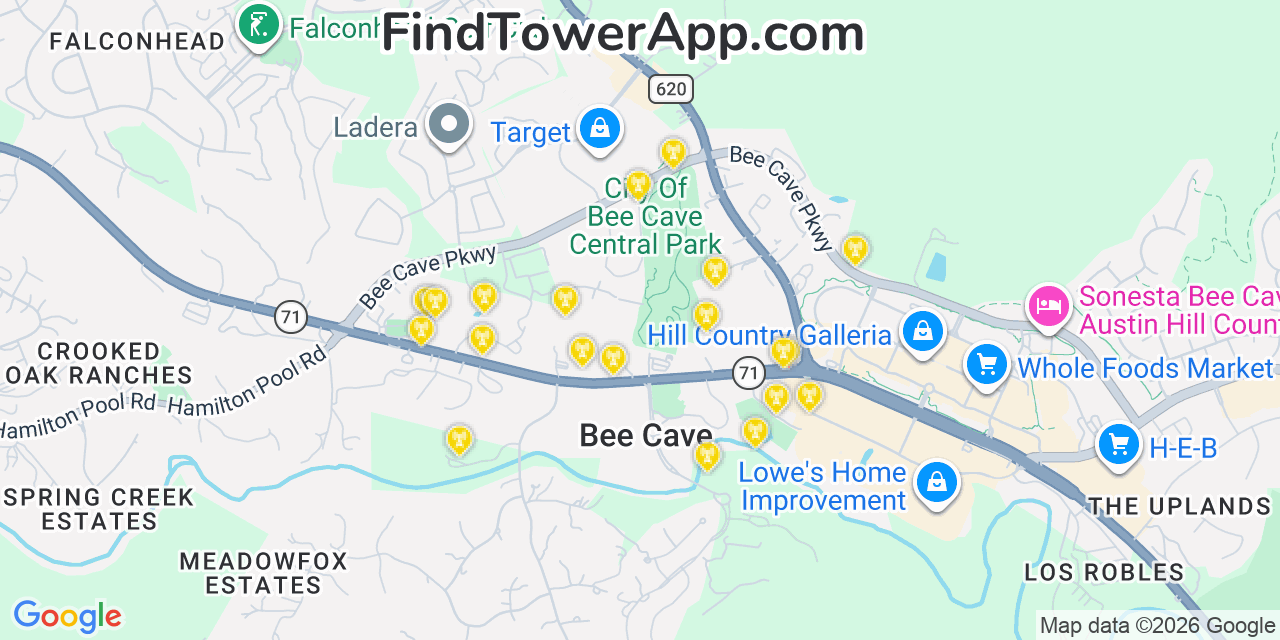 Map showing the 20 primary cell tower locations detected in Bee Cave, Texas from AT&T, Verizon, and T-Mobile networks