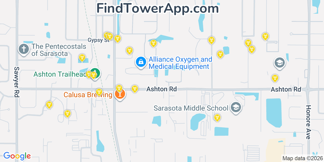 Map showing the 20 primary cell tower locations detected in Bee Ridge, Florida from AT&T, Verizon, and T-Mobile networks