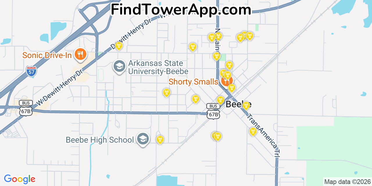 Map showing the 20 primary cell tower locations detected in Beebe, Arkansas from AT&T, Verizon, and T-Mobile networks