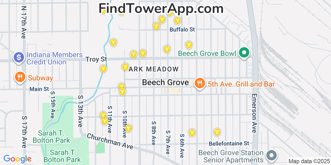 Map showing the 20 primary cell tower locations detected in Beech Grove, Indiana from AT&T, Verizon, and T-Mobile networks