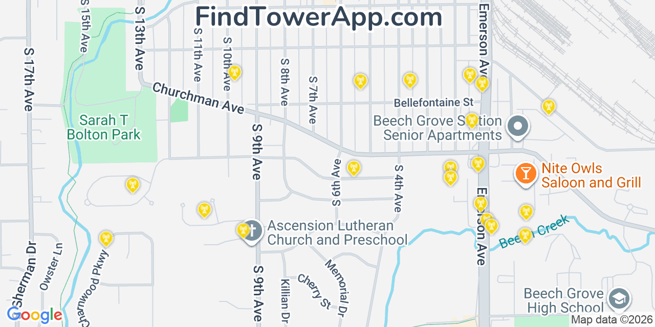 Map showing the 20 primary cell tower locations detected in Beech Grove, Indiana from AT&T, Verizon, and T-Mobile networks
