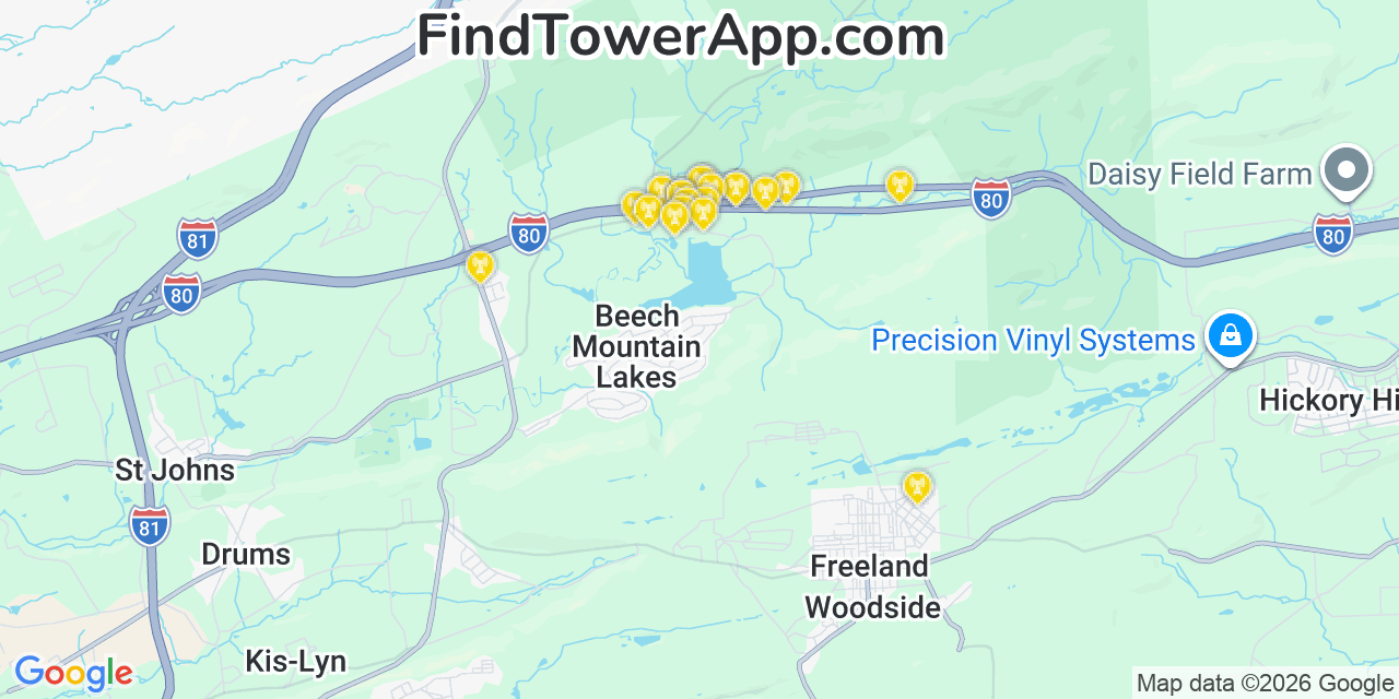 Map showing the 20 primary cell tower locations detected in Beech Mountain Lakes, Pennsylvania from AT&T, Verizon, and T-Mobile networks