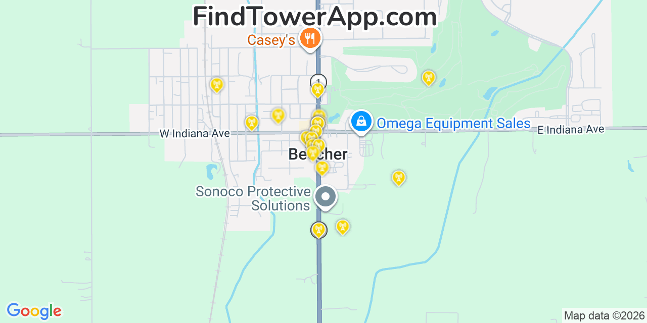 Map showing the 20 primary cell tower locations detected in Beecher, Illinois from AT&T, Verizon, and T-Mobile networks