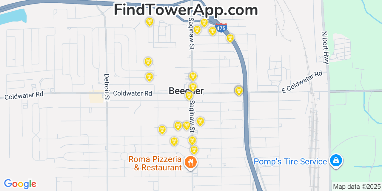 Map showing the 20 primary cell tower locations detected in Beecher, Michigan from AT&T, Verizon, and T-Mobile networks