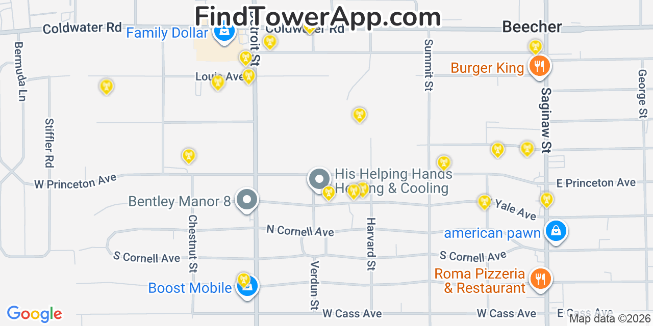 Map showing the 20 primary cell tower locations detected in Beecher, Michigan from AT&T, Verizon, and T-Mobile networks