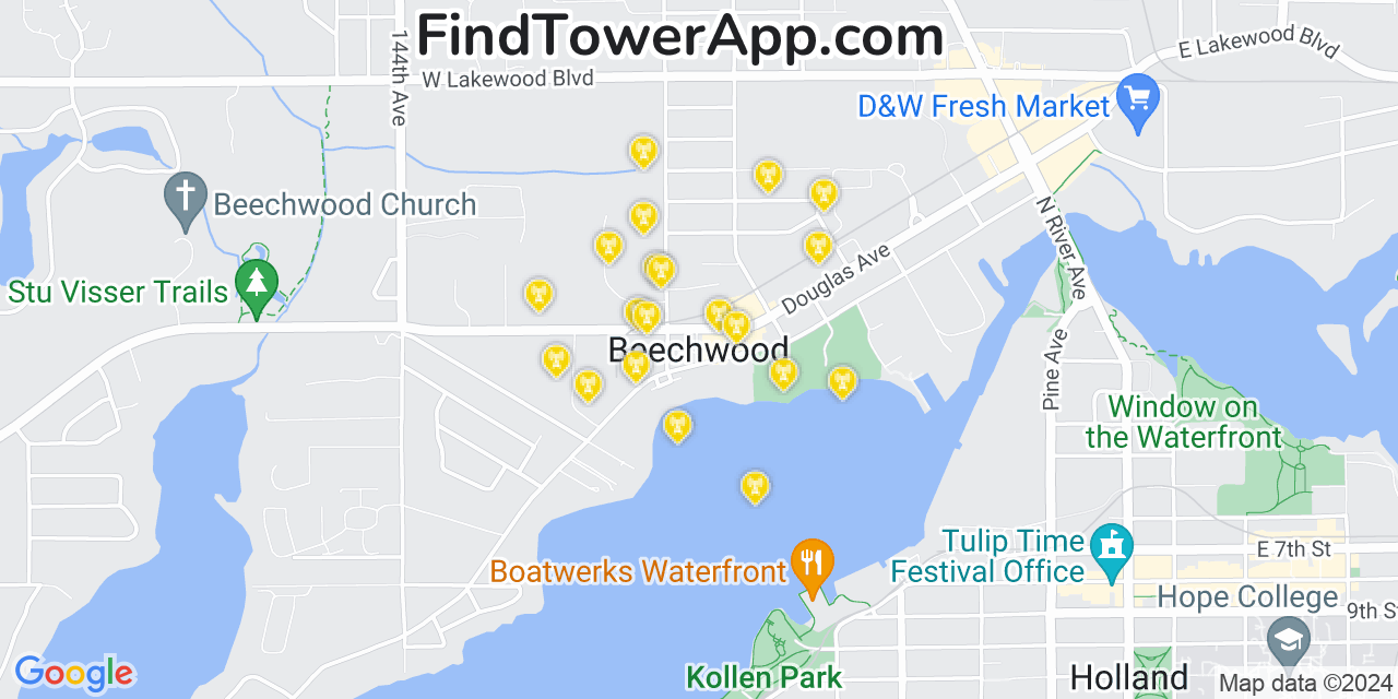 AT&T 4G/5G cell tower coverage map Beechwood, Michigan