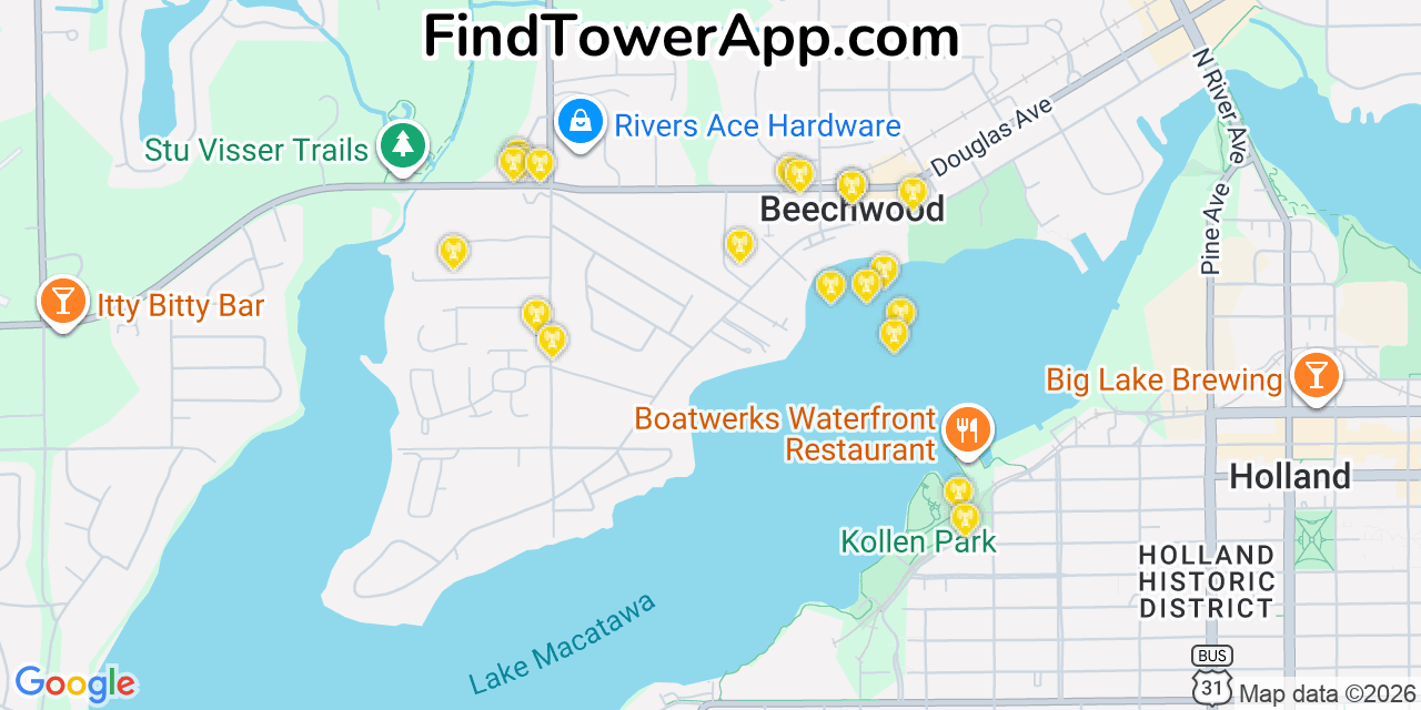 Map showing the 20 primary cell tower locations detected in Beechwood, Michigan from AT&T, Verizon, and T-Mobile networks