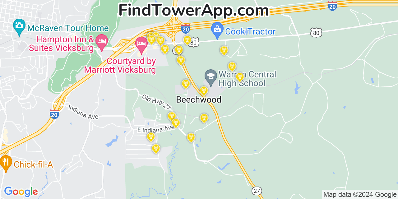 AT&T 4G/5G cell tower coverage map Beechwood, Mississippi