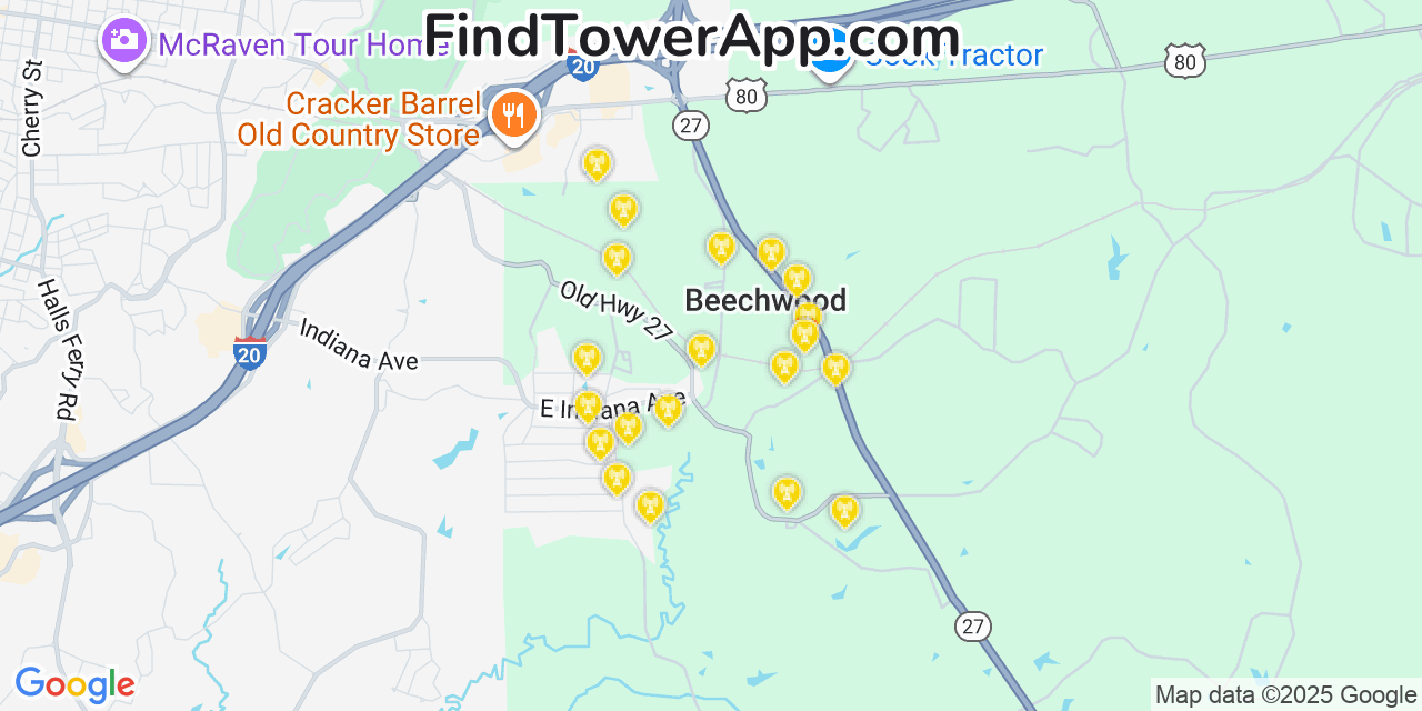 Map showing the 20 primary cell tower locations detected in Beechwood, Mississippi from AT&T, Verizon, and T-Mobile networks