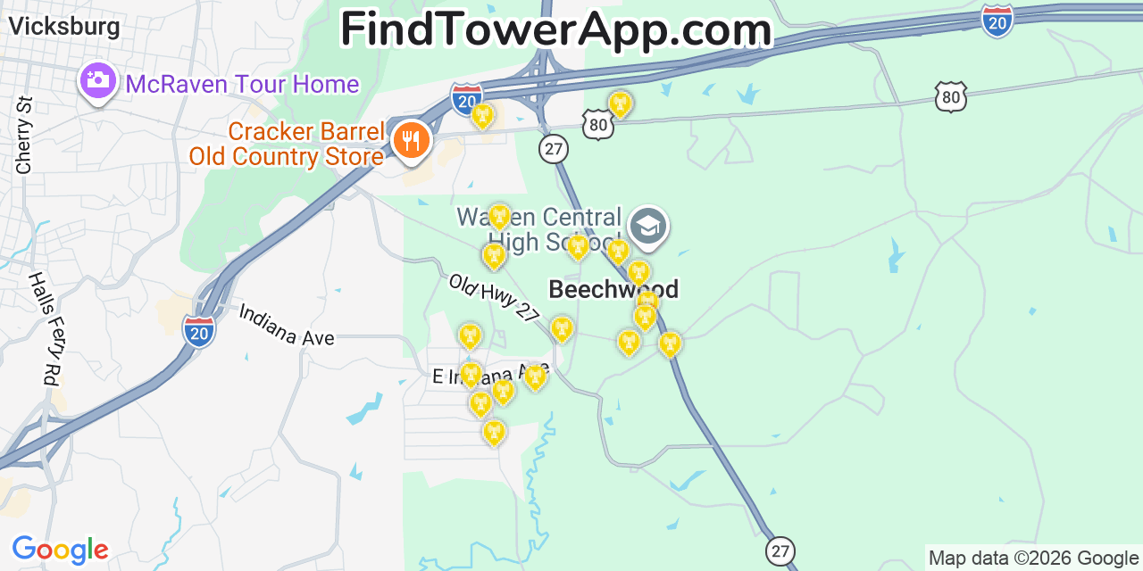 Map showing the 20 primary cell tower locations detected in Beechwood, Mississippi from AT&T, Verizon, and T-Mobile networks