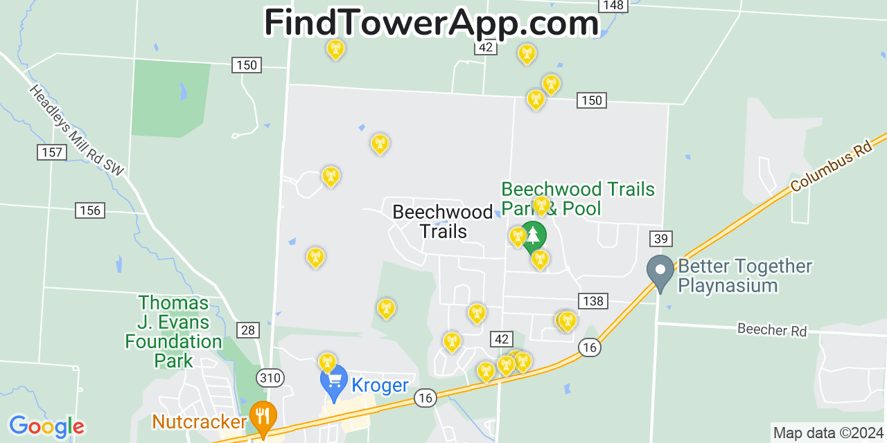 AT&T 4G/5G cell tower coverage map Beechwood Trails, Ohio