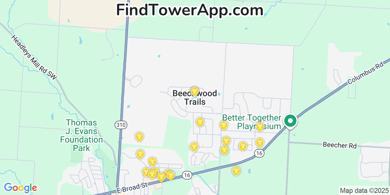 Map showing the 20 primary cell tower locations detected in Beechwood Trails, Ohio from AT&T, Verizon, and T-Mobile networks