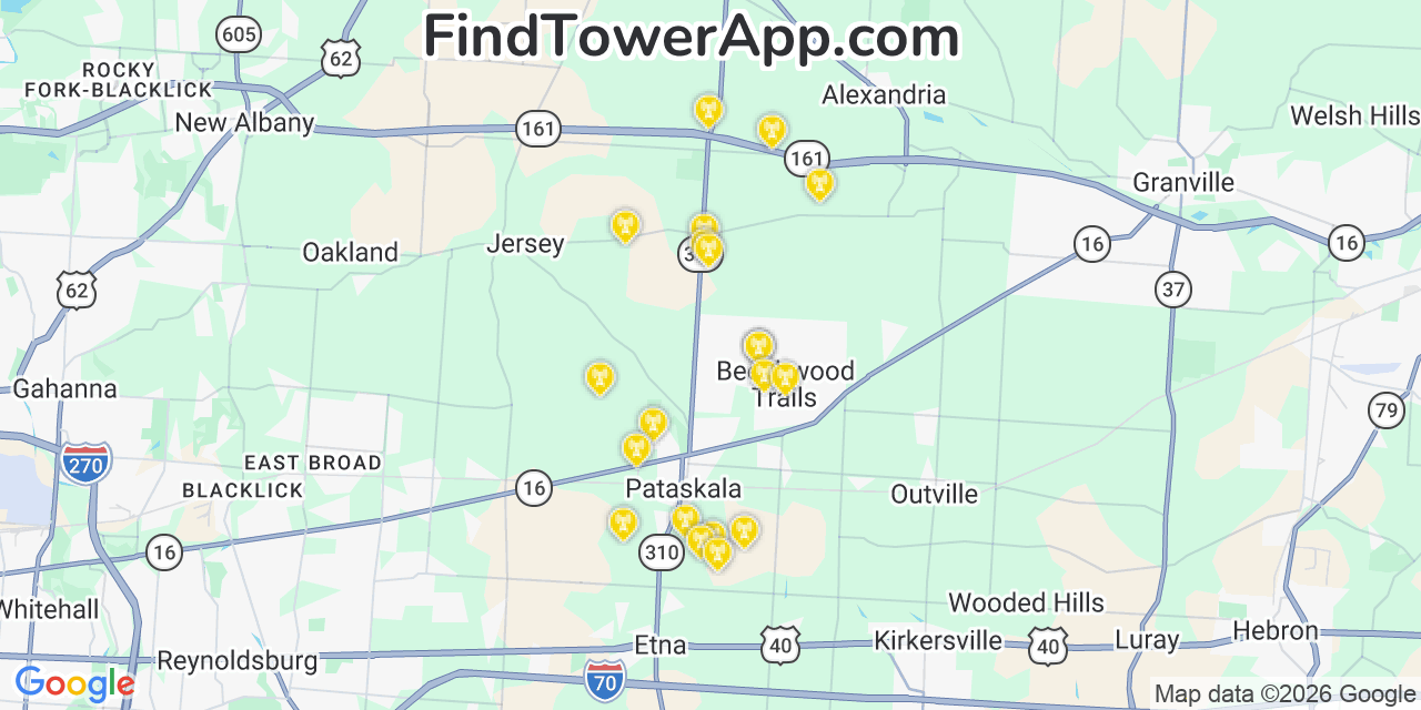Map showing the 20 primary cell tower locations detected in Beechwood Trails, Ohio from AT&T, Verizon, and T-Mobile networks