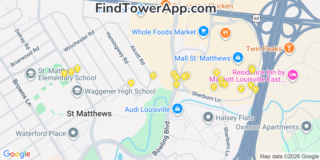 Map showing the 20 primary cell tower locations detected in Beechwood Village, Kentucky from AT&T, Verizon, and T-Mobile networks