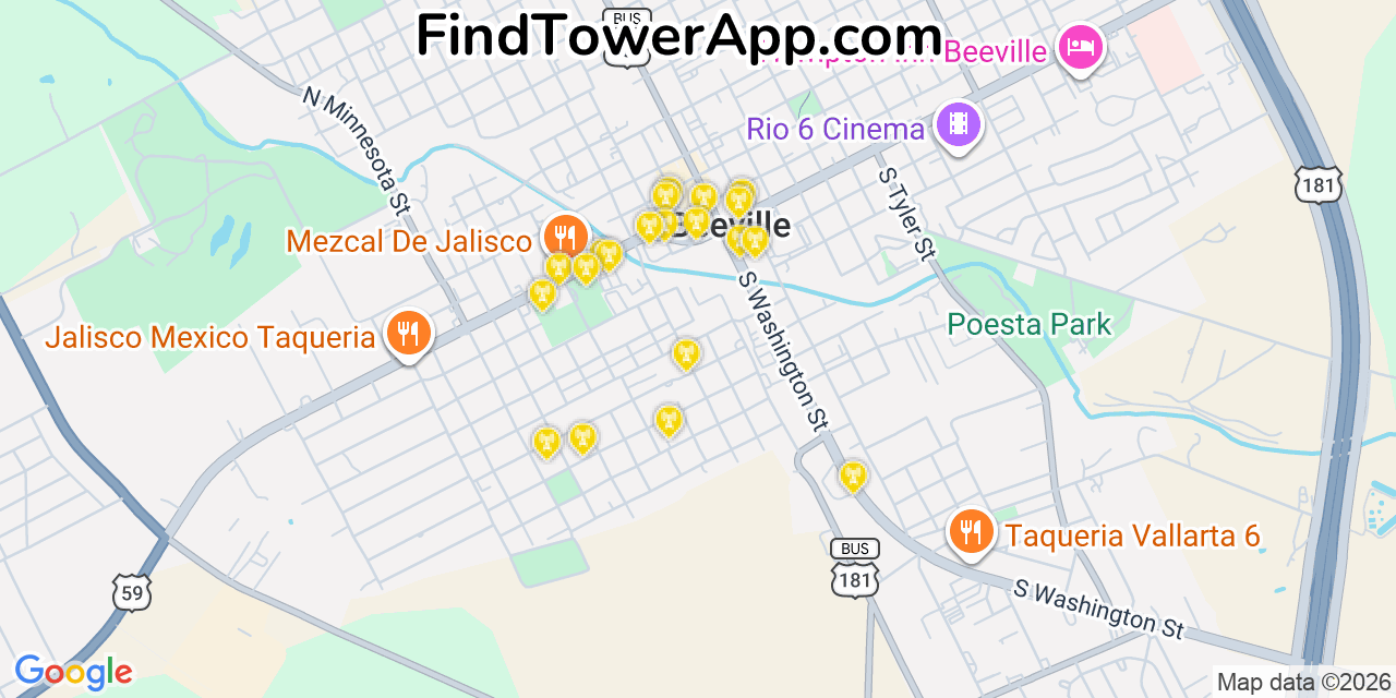 Map showing the 20 primary cell tower locations detected in Beeville, Texas from AT&T, Verizon, and T-Mobile networks