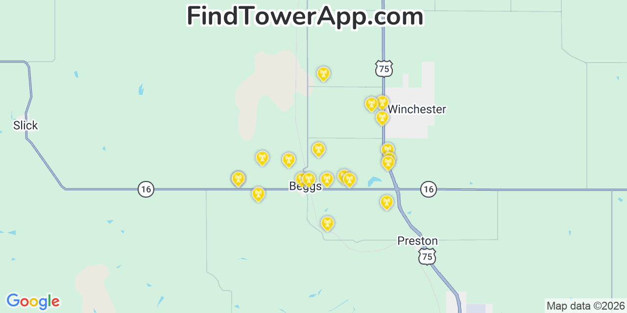 Map showing the 20 primary cell tower locations detected in Beggs, Oklahoma from AT&T, Verizon, and T-Mobile networks