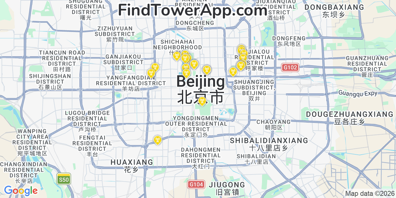 Map showing the 22 primary T-Mobile cell tower locations detected in Beijing, China0