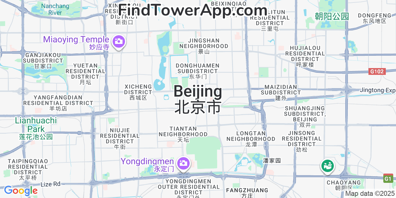Map showing the 0 primary China-Mobile cell tower locations detected in Beijing, China with coverage radius and signal strength indicators