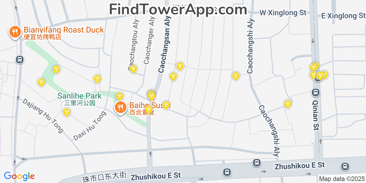 Map showing the 20 primary cell tower locations detected in Beijing, China with coverage areas and signal strength
