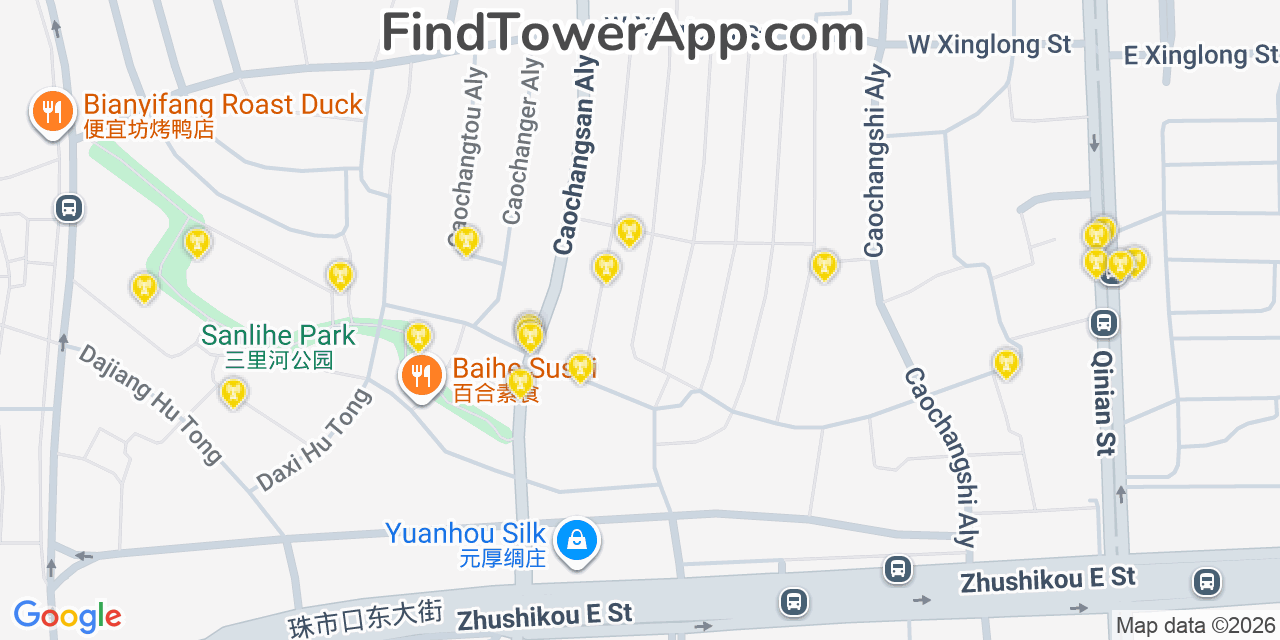 Map showing the 20 primary cell tower locations detected in Beijing, @@Ujb78 from AT&T, Verizon, and T-Mobile networks