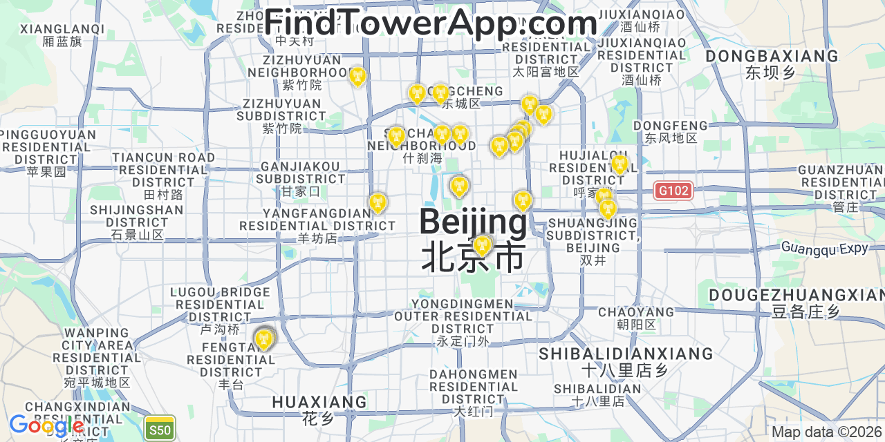 Map showing the 38 primary Verizon cell tower locations detected in Beijing, @@Ujb78 with coverage radius and signal strength indicators