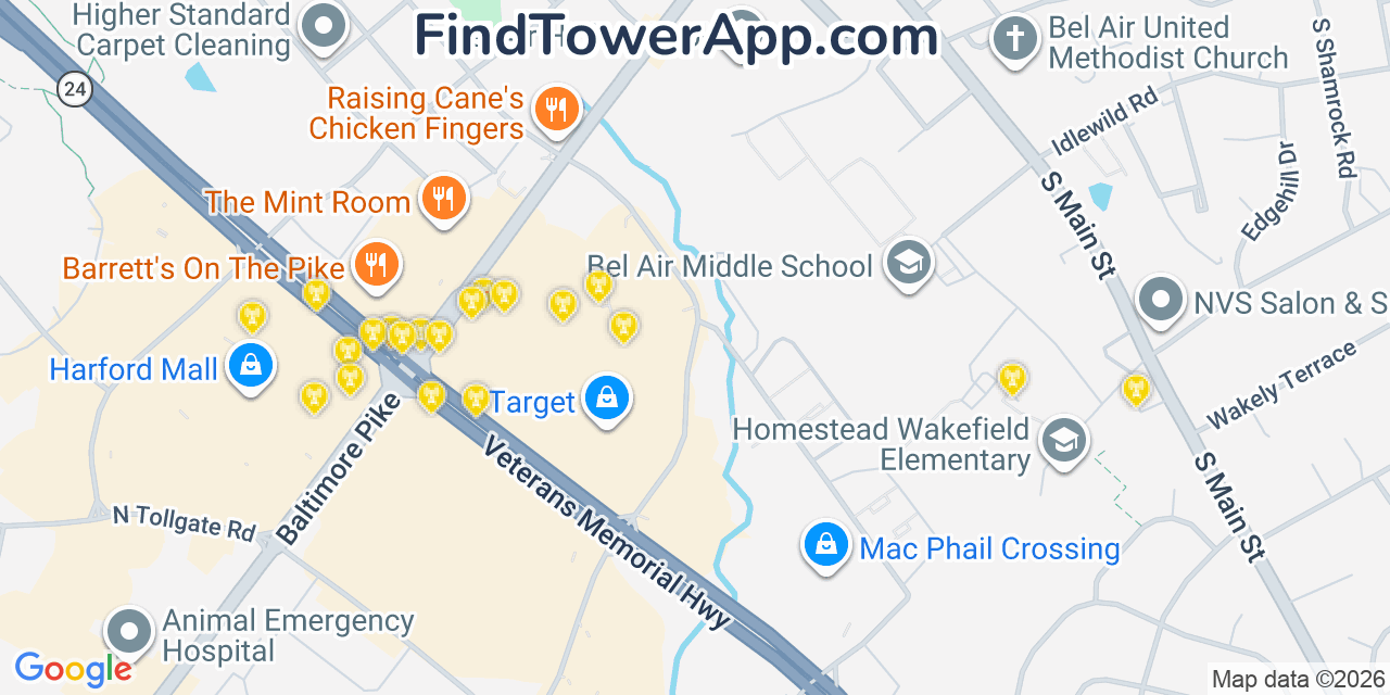 Map showing the 20 primary cell tower locations detected in Bel Air, Maryland from AT&T, Verizon, and T-Mobile networks