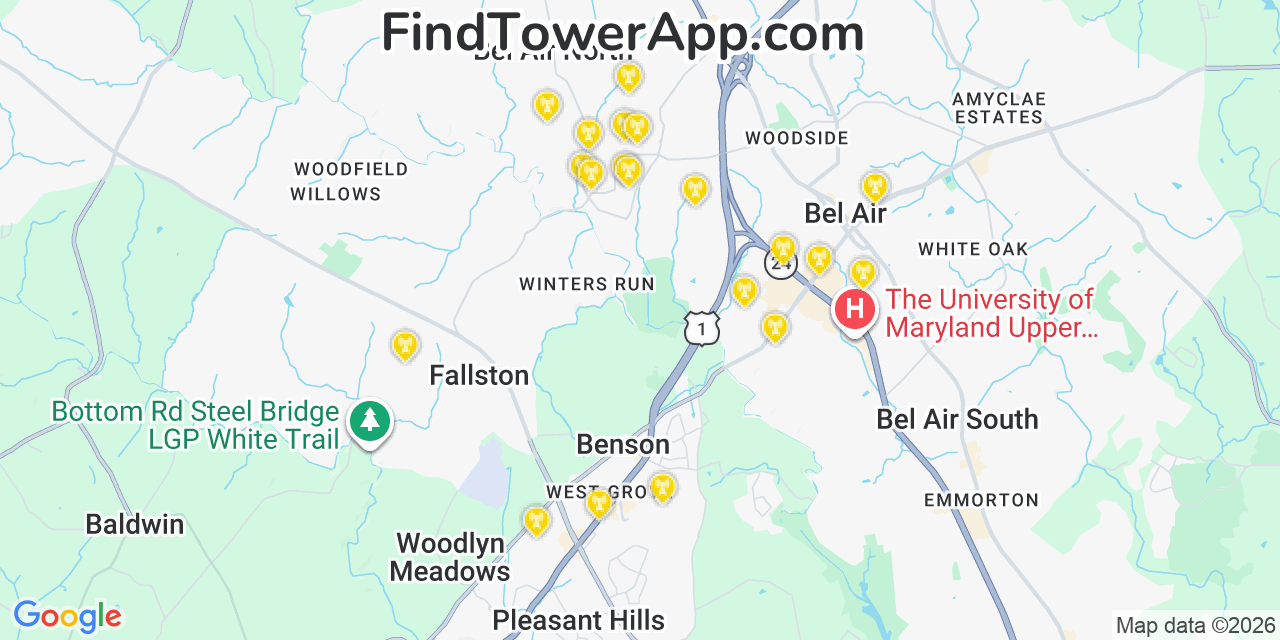 Map showing the 20 primary cell tower locations detected in Bel Air North, Maryland from AT&T, Verizon, and T-Mobile networks