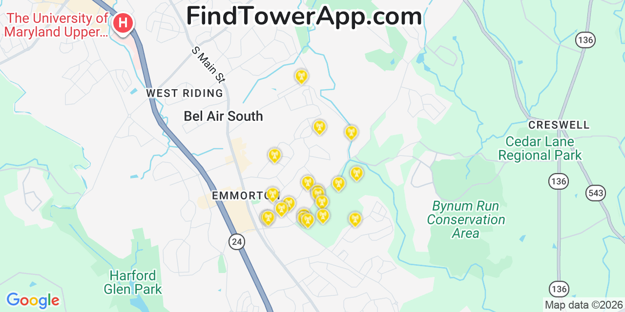 Map showing the 20 primary cell tower locations detected in Bel Air South, Maryland from AT&T, Verizon, and T-Mobile networks