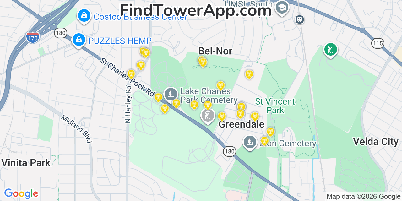 Map showing the 20 primary cell tower locations detected in Bel Nor, Missouri from AT&T, Verizon, and T-Mobile networks