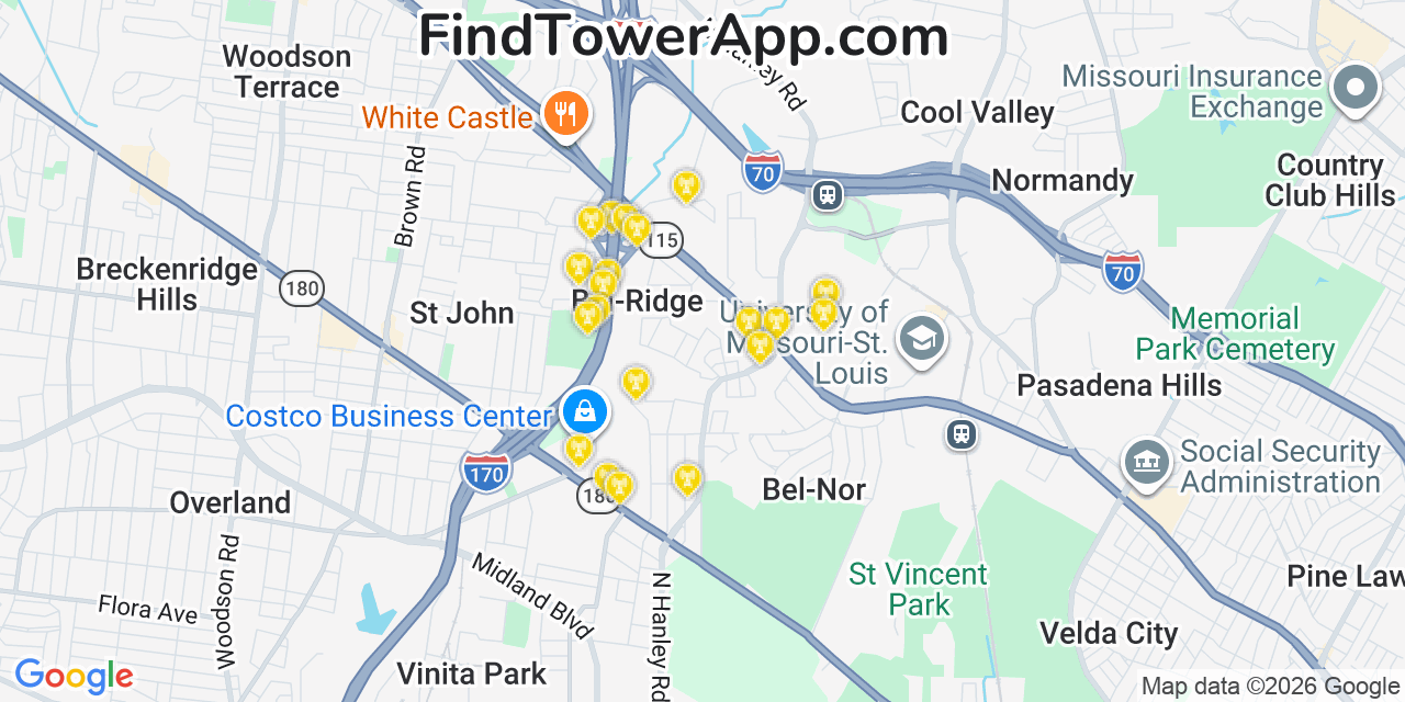 Map showing the 20 primary cell tower locations detected in Bel Ridge, Missouri from AT&T, Verizon, and T-Mobile networks