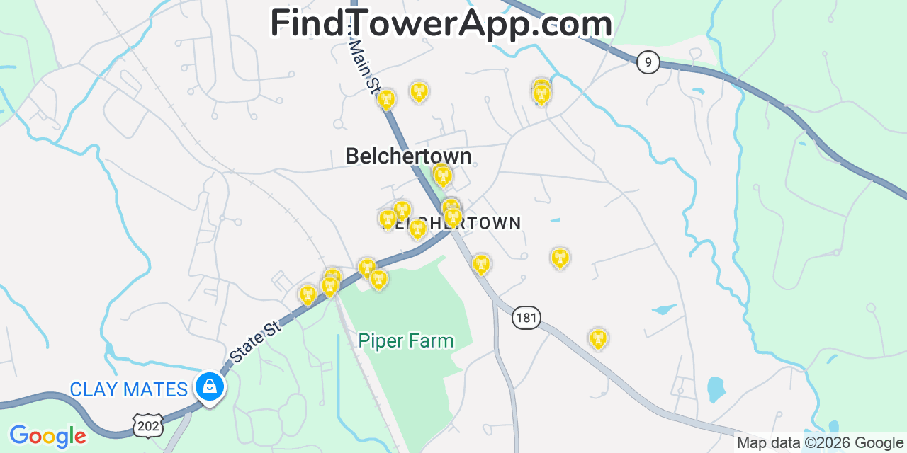 Map showing the 20 primary cell tower locations detected in Belchertown, Massachusetts from AT&T, Verizon, and T-Mobile networks
