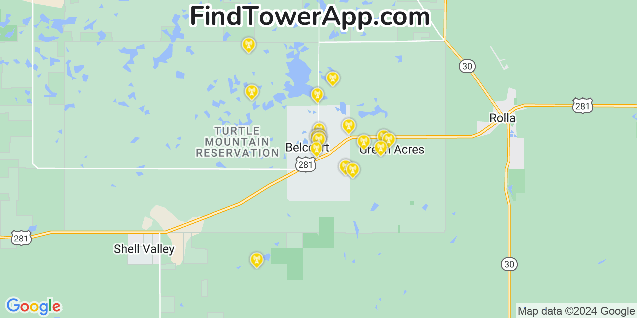 AT&T 4G/5G cell tower coverage map Belcourt, North Dakota