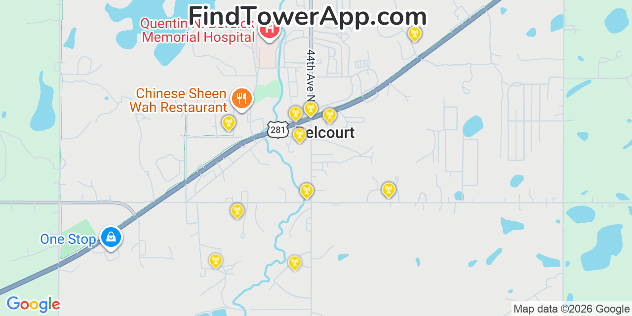 Map showing the 20 primary cell tower locations detected in Belcourt, North Dakota from AT&T, Verizon, and T-Mobile networks