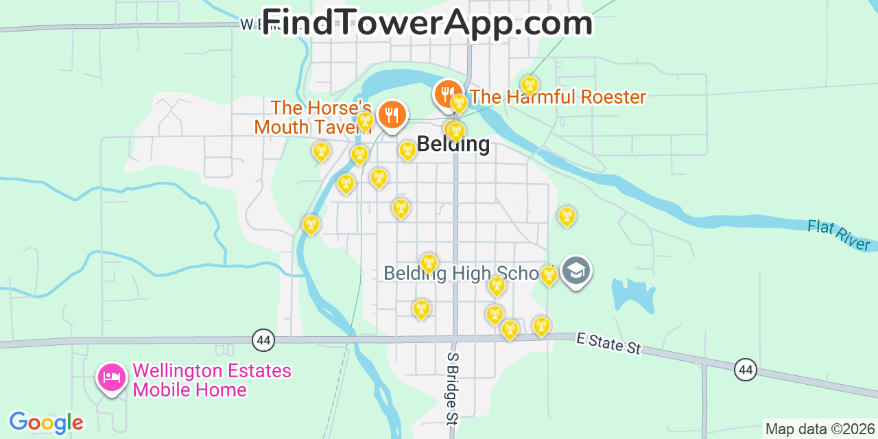 Map showing the 20 primary cell tower locations detected in Belding, Michigan from AT&T, Verizon, and T-Mobile networks