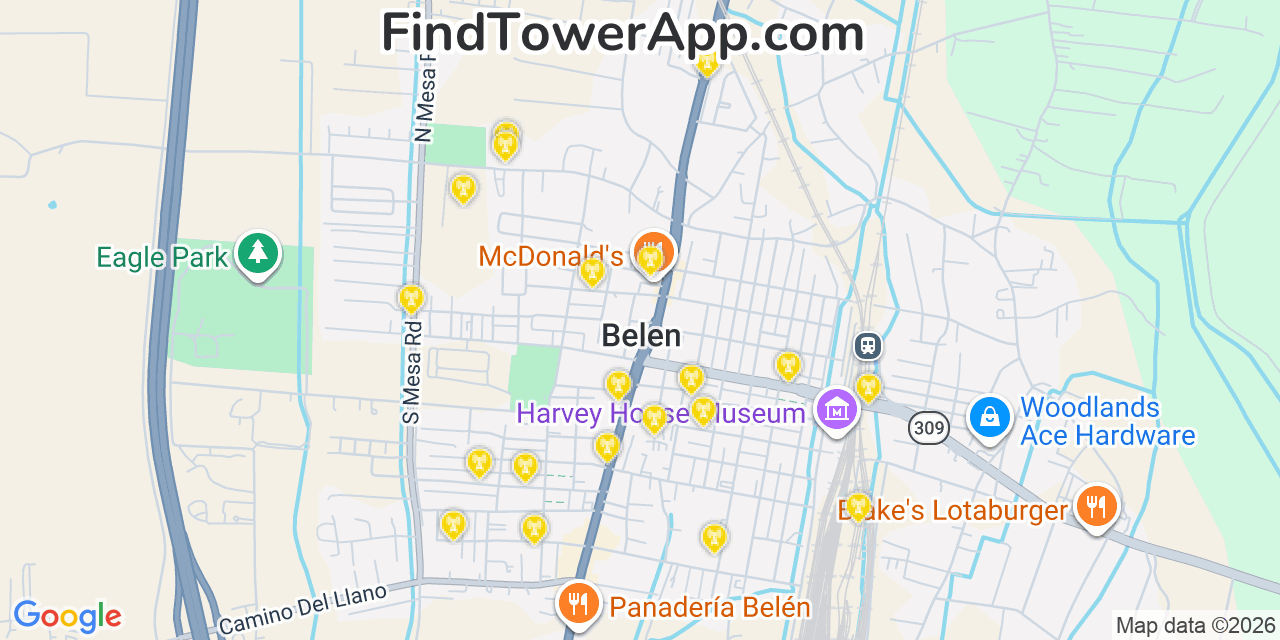 Map showing the 20 primary cell tower locations detected in Belen, New Mexico from AT&T, Verizon, and T-Mobile networks