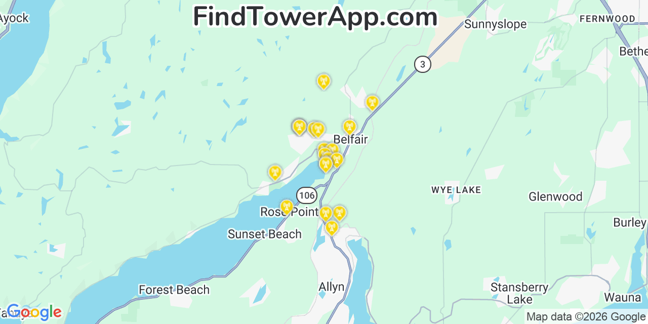 Map showing the 20 primary cell tower locations detected in Belfair, Washington from AT&T, Verizon, and T-Mobile networks