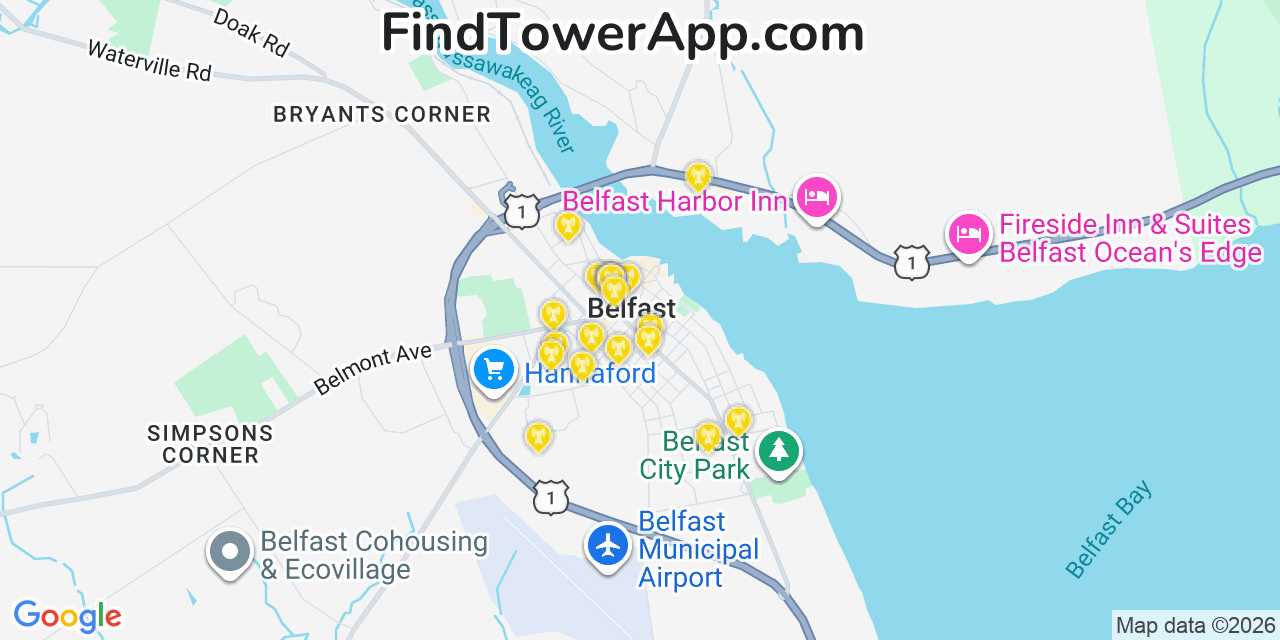 Map showing the 20 primary cell tower locations detected in Belfast, Maine from AT&T, Verizon, and T-Mobile networks