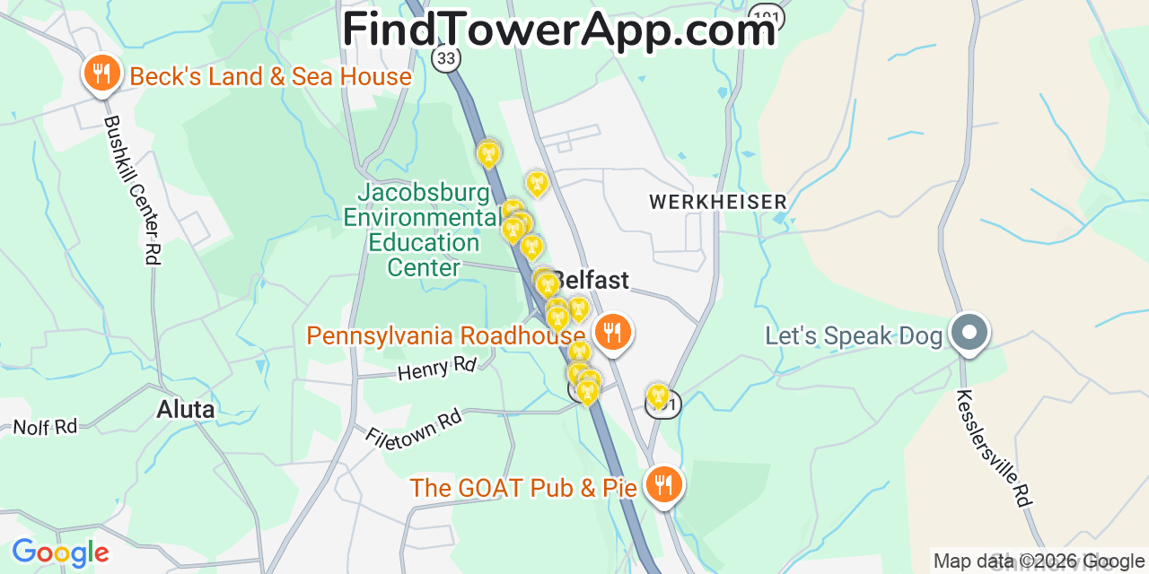 Map showing the 20 primary cell tower locations detected in Belfast, Pennsylvania from AT&T, Verizon, and T-Mobile networks