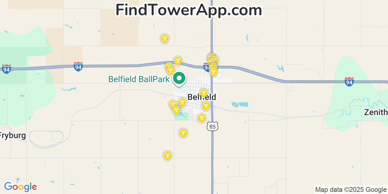 Map showing the 20 primary cell tower locations detected in Belfield, North Dakota from AT&T, Verizon, and T-Mobile networks