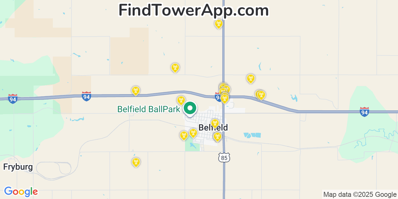 Map showing the 20 primary cell tower locations detected in Belfield, North Dakota from AT&T, Verizon, and T-Mobile networks