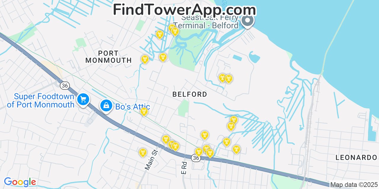 Map showing the 20 primary cell tower locations detected in Belford, New Jersey from AT&T, Verizon, and T-Mobile networks