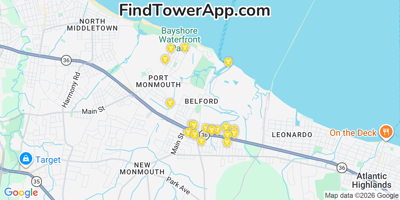 Map showing the 20 primary cell tower locations detected in Belford, New Jersey from AT&T, Verizon, and T-Mobile networks
