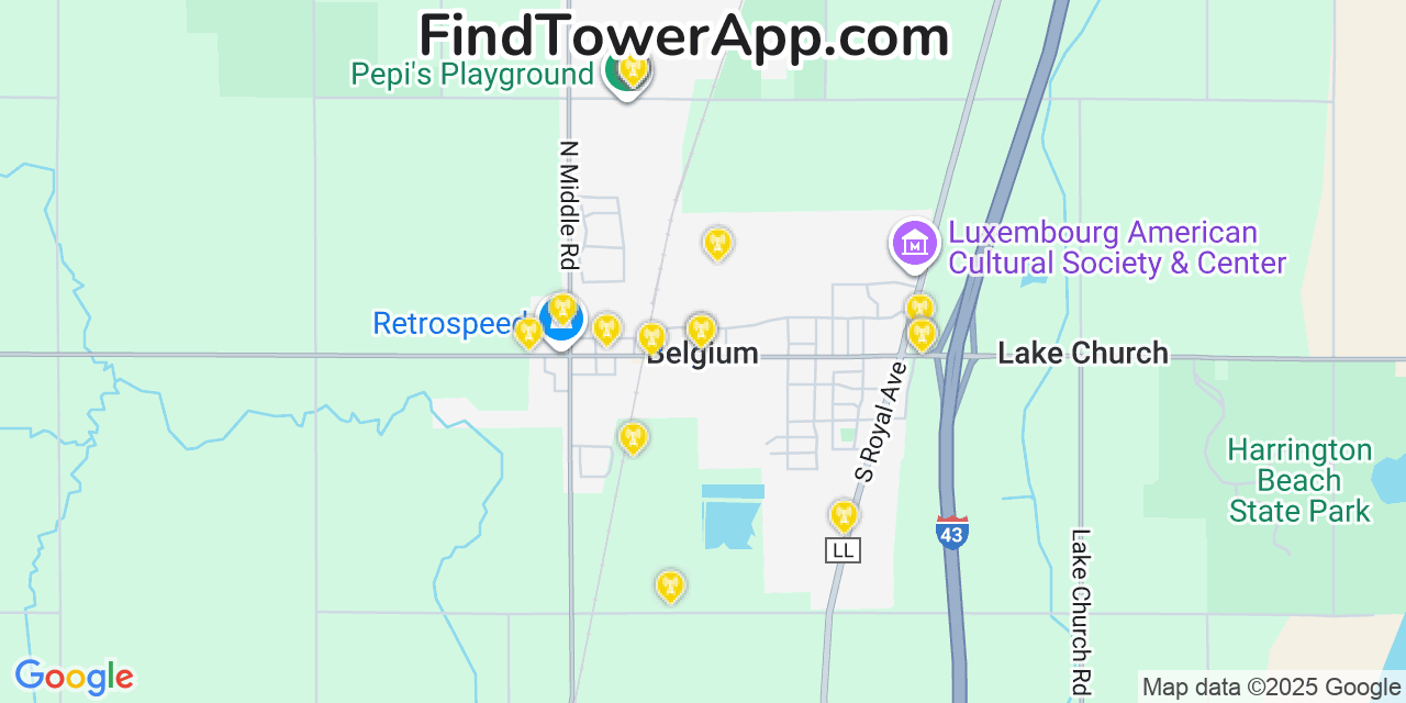 Map showing the 20 primary cell tower locations detected in Belgium, Wisconsin from AT&T, Verizon, and T-Mobile networks