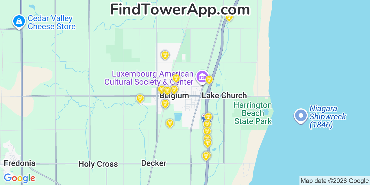 Map showing the 20 primary cell tower locations detected in Belgium, Wisconsin from AT&T, Verizon, and T-Mobile networks