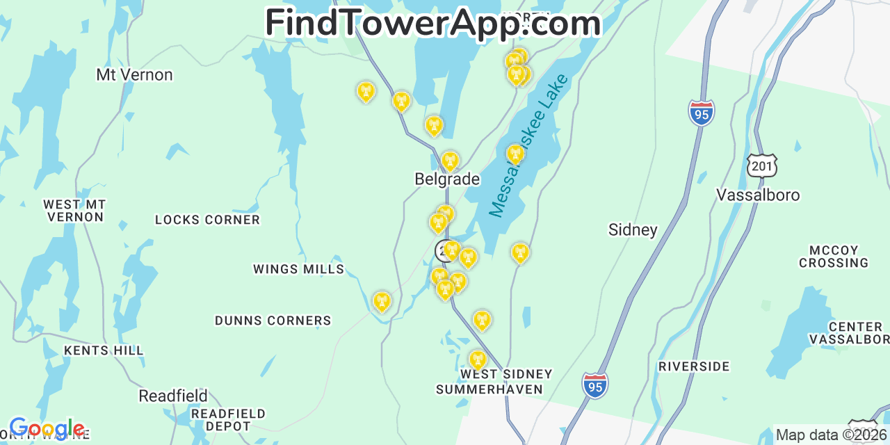 Map showing the 20 primary cell tower locations detected in Belgrade, Maine from AT&T, Verizon, and T-Mobile networks